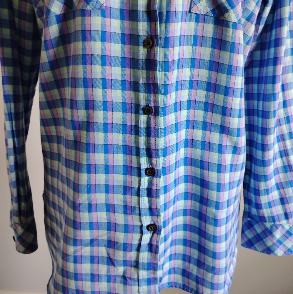 Talbots 100% Cotton Plaid Button Up Shirt Blue Purple Colorful Classic Sz Large - Picture 3 of 15